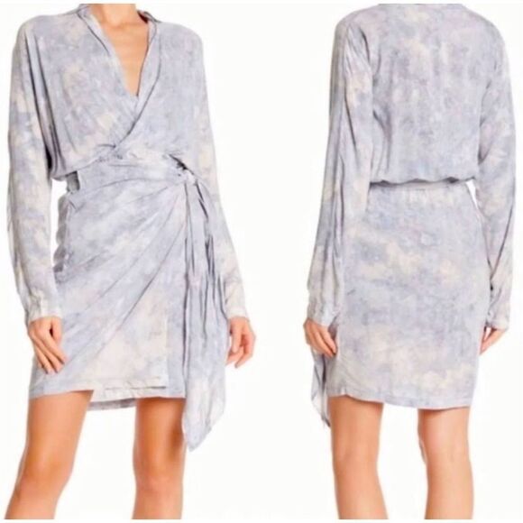 YFB long sleeve navy blue tie dye collared wrap dress boho mini sz small - Picture 1 of 8